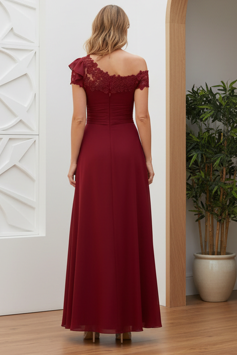 One Shoulder Lace Bodice Ruched Chiffon Maxi Gown