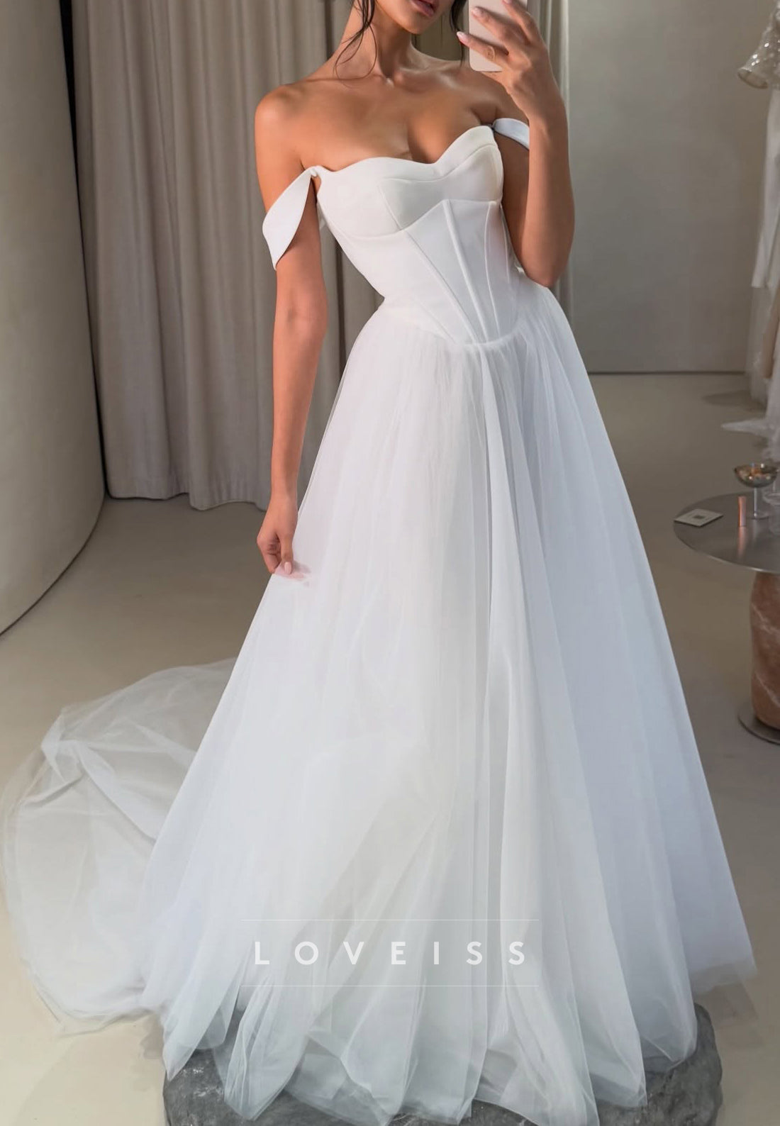 Off-Shoulder Sweetheart Corset Tulle A-Line Wedding Dress