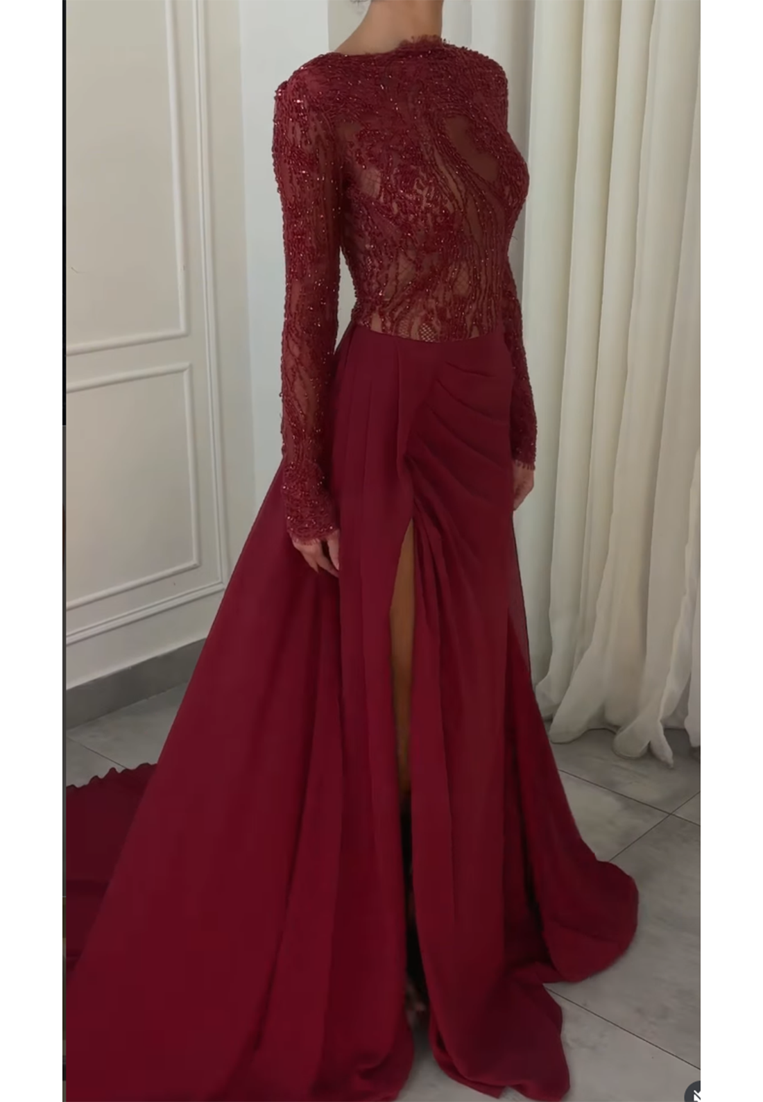 Beaded Illusion Long Sleeve Evening Gown with Slit