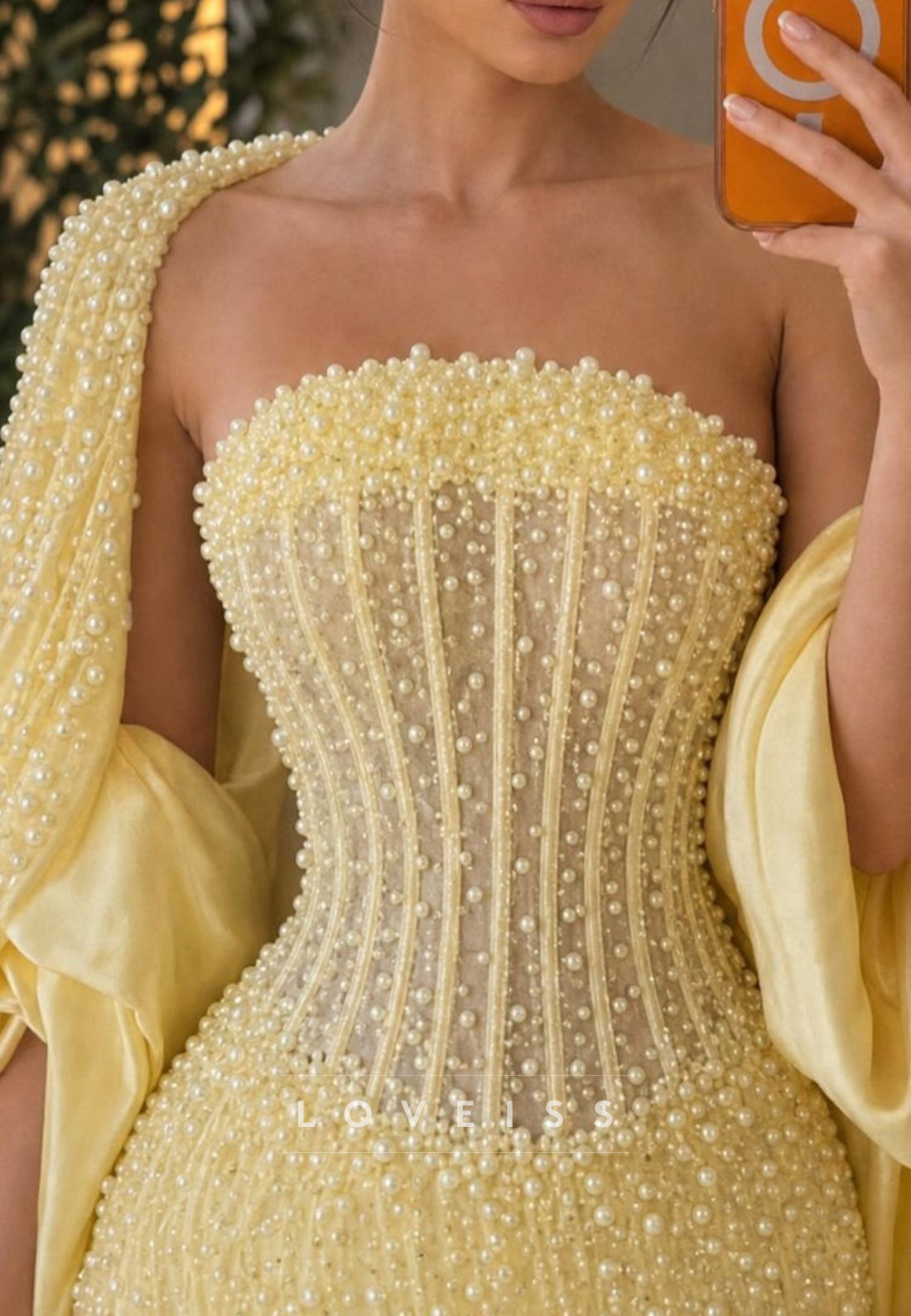Pearl-Embellished Corset Mermaid Gown with Cape