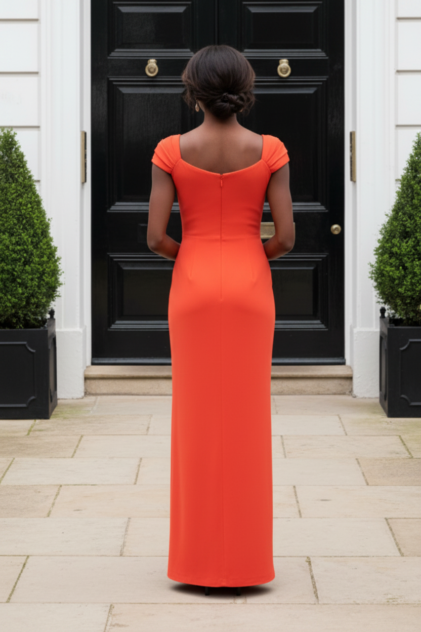 Asymmetric Pleated Cap Sleeve Column Maxi Dress