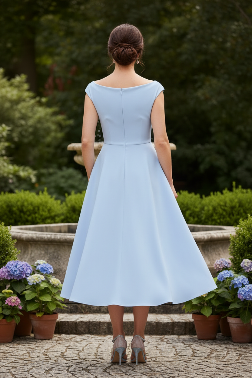 Floral Embroidered Pleated Tea-Length Dress