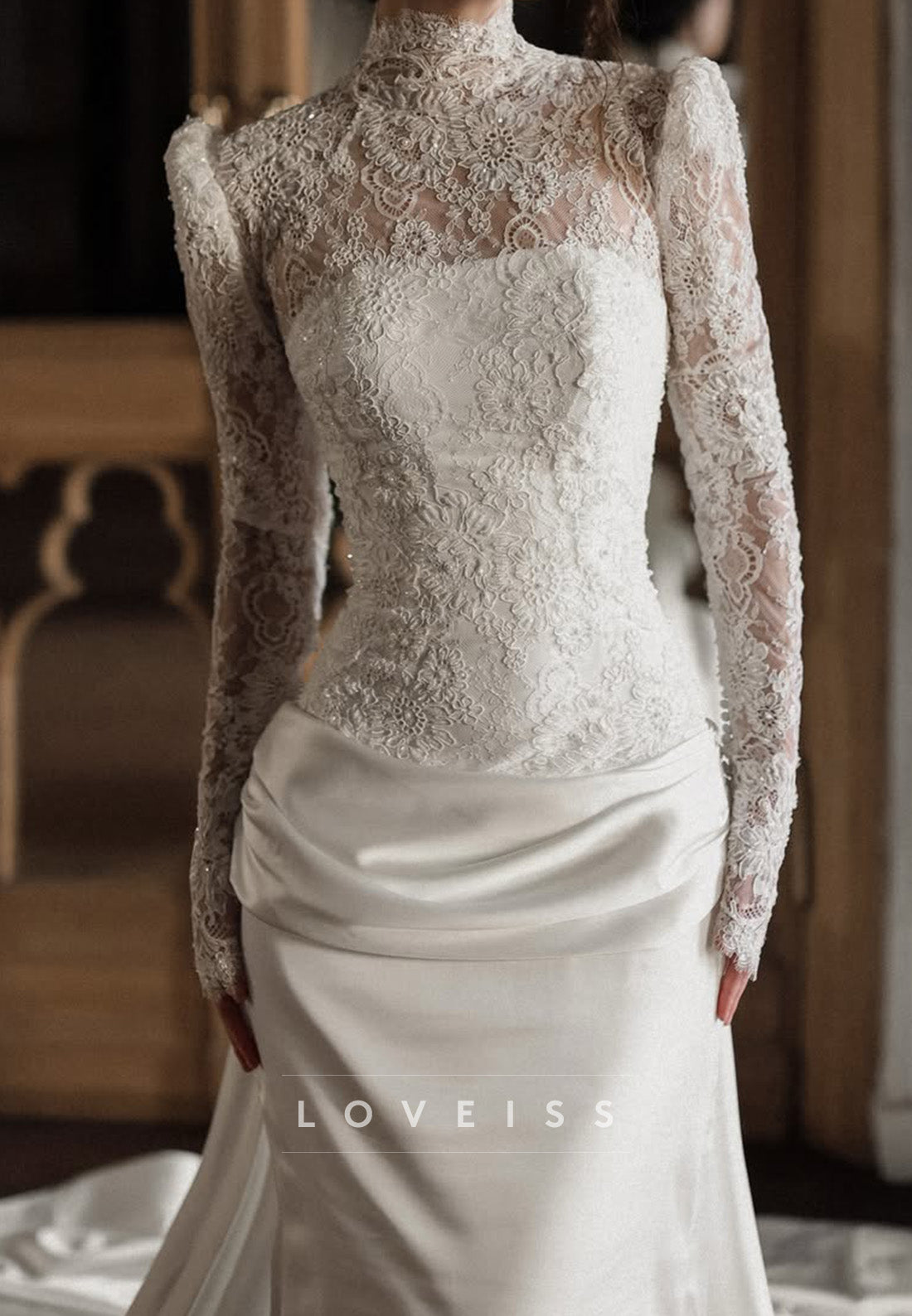 High Neck Lace Bodice Satin Wedding Gown