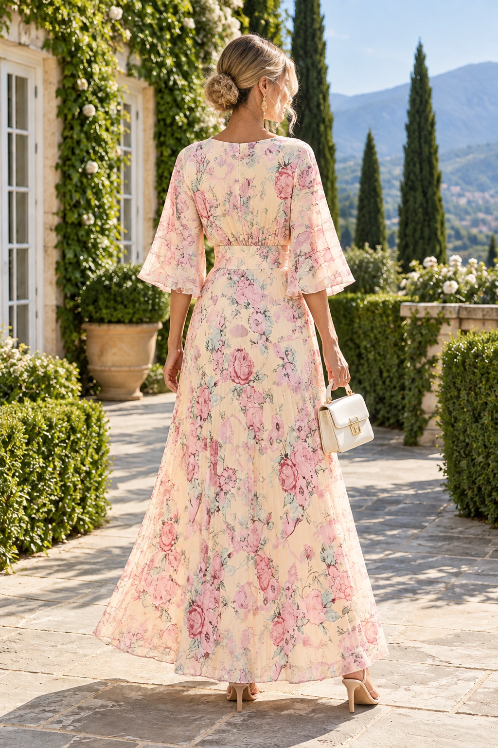 Floral Print V-Neck Maxi Dress with Bell Sleeves