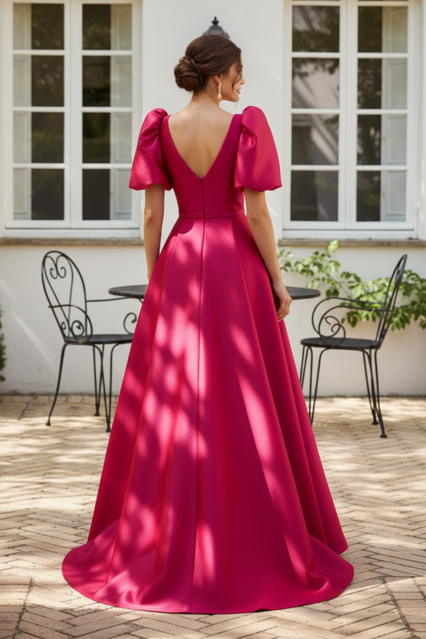 V-Neck Puff Sleeve Satin Gown with High Slit