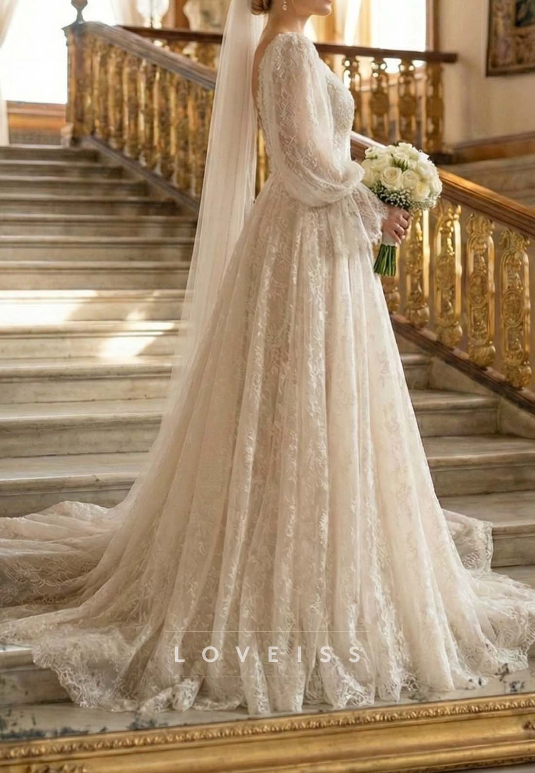 A-Line Lace Wedding Dress with Bishop Sleeves