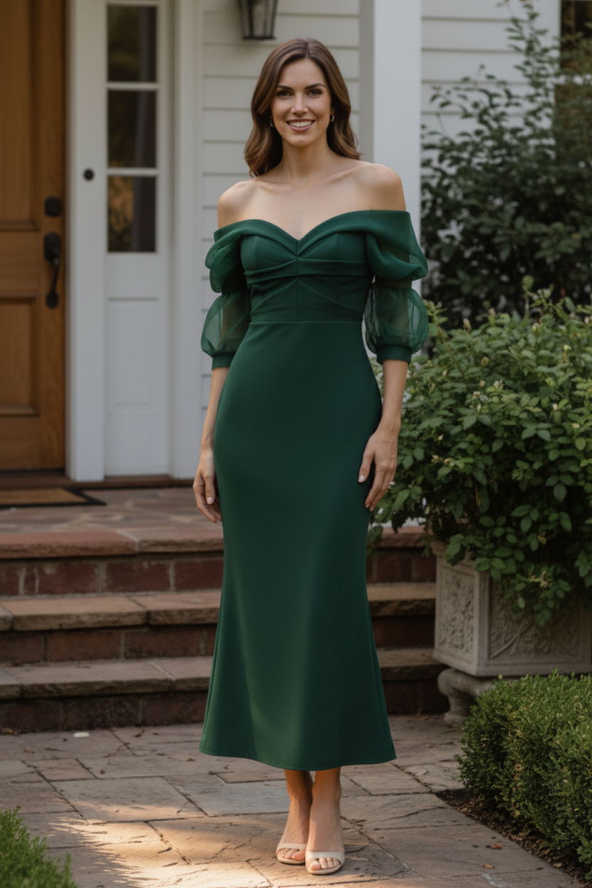 Off-the-Shoulder Ruched Bodice Evening Gown