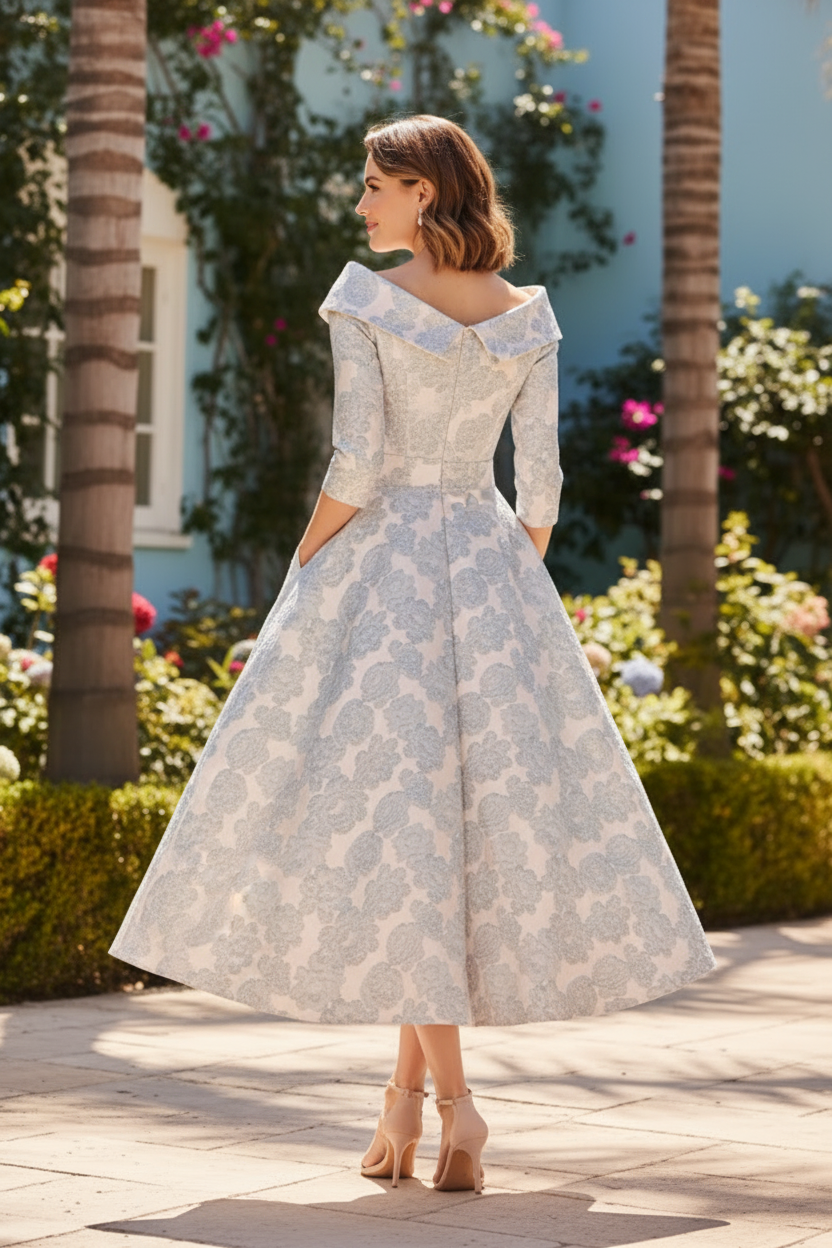 Floral Jacquard Off-the-Shoulder Midi Dress with Pockets