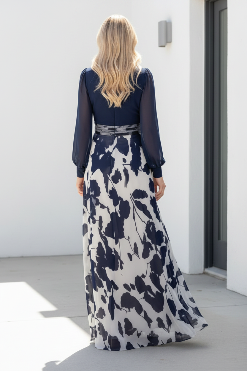 Floral Chiffon A-Line Maxi Dress with Long Sleeves