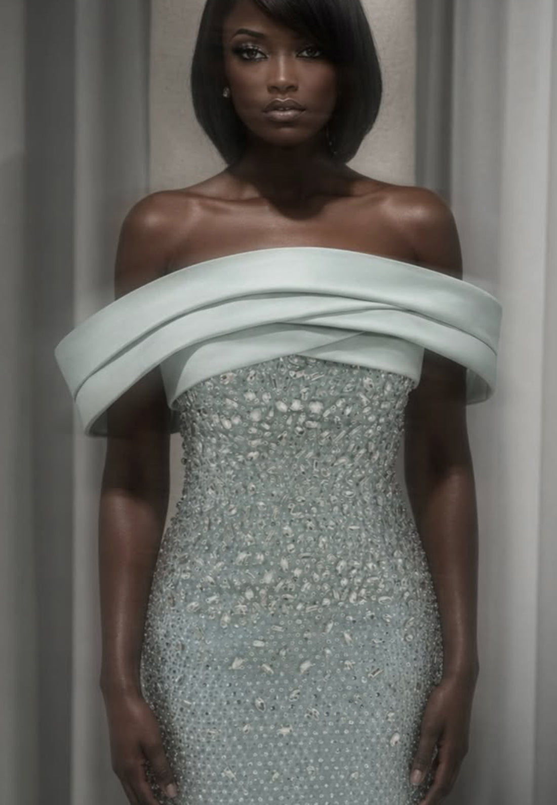 Off-the-Shoulder Beaded Gown with Tulle Overskirt
