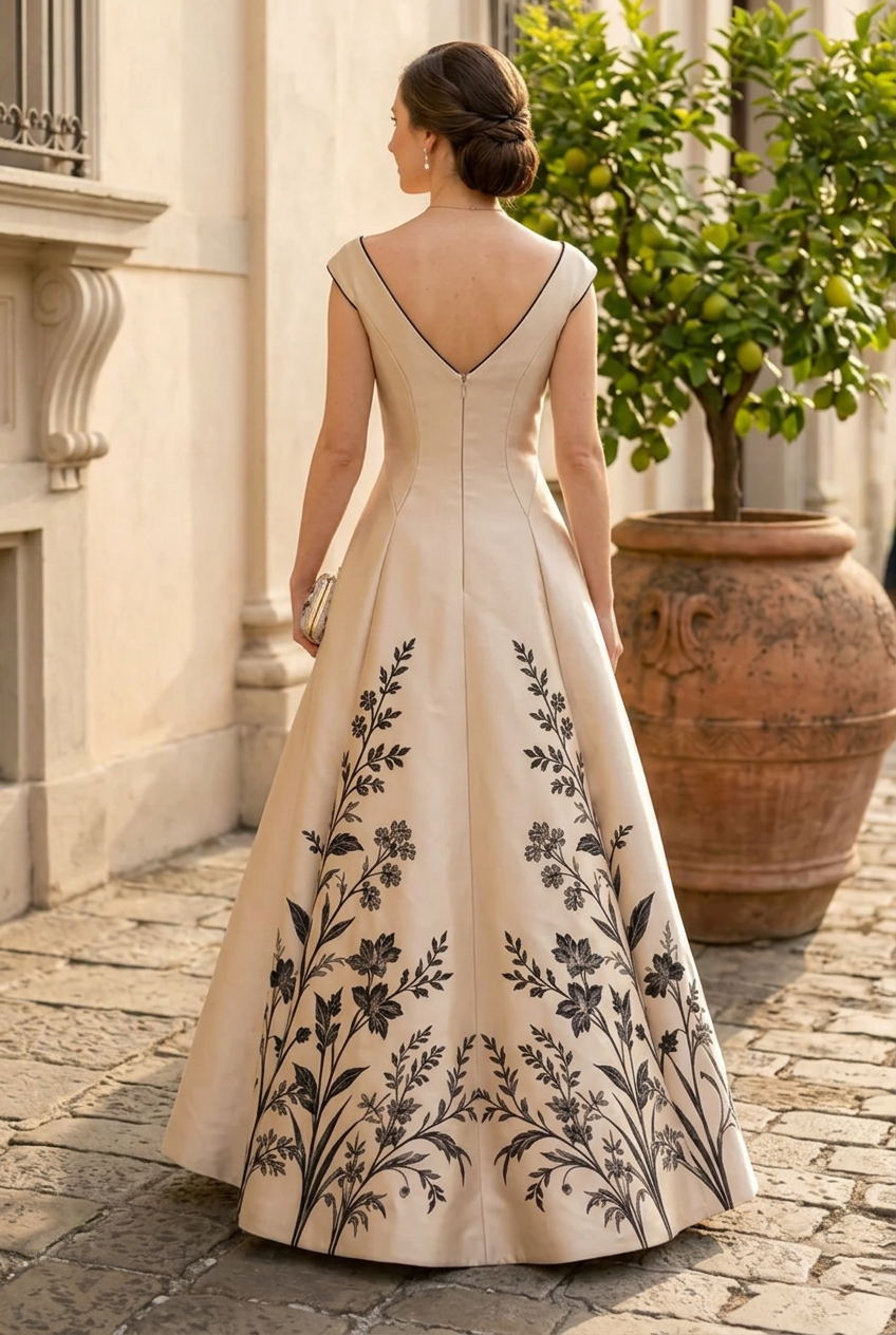 Off-the-Shoulder Floral Panel A-Line Gown
