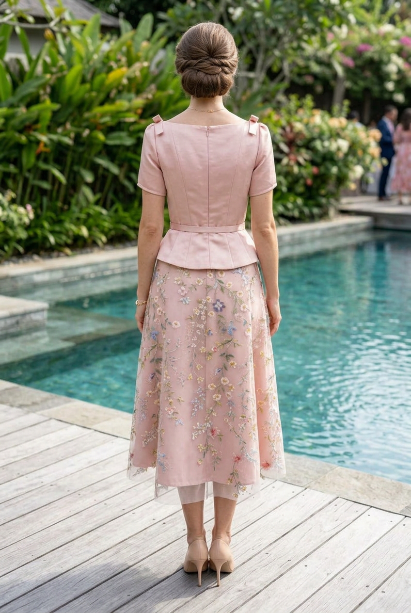 Peplum Midi Dress with Embroidered Floral Overlay