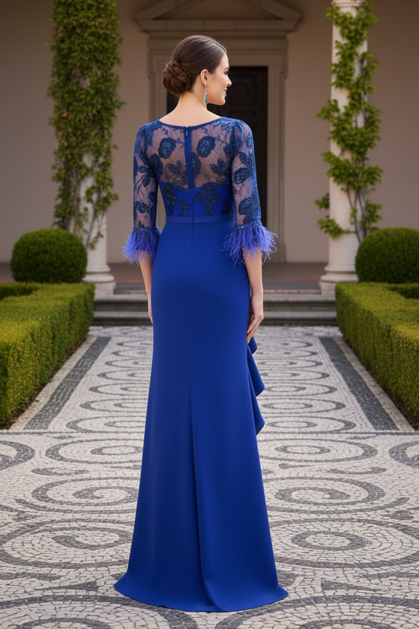 Embroidered Illusion Evening Gown with Feather Cuffs