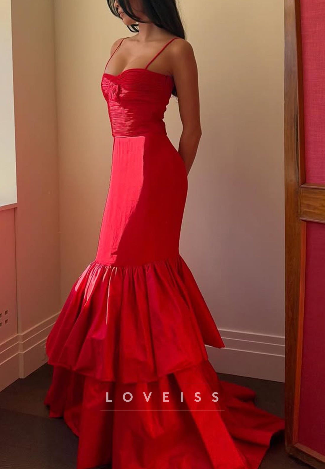 Tiered Mermaid Evening Gown with Ruched Bodice