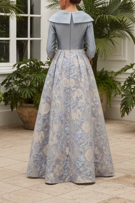 Portrait Collar Floral Jacquard A-Line Evening Gown