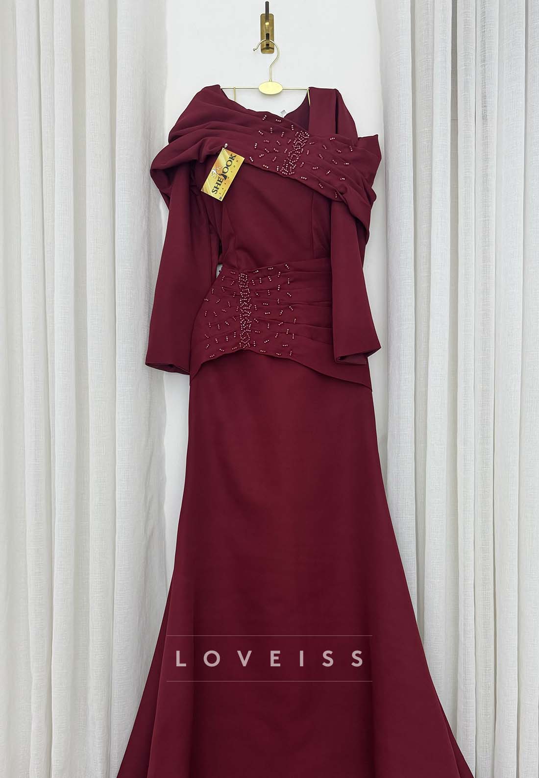Draped Shawl Neck Beaded Mermaid Evening Gown