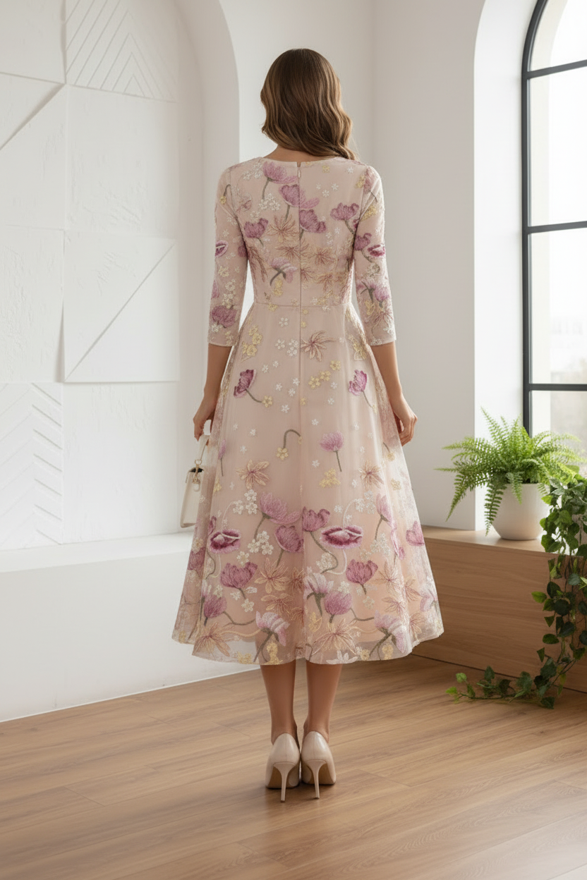 Embroidered V-Neck 3/4 Sleeve A-Line Dress