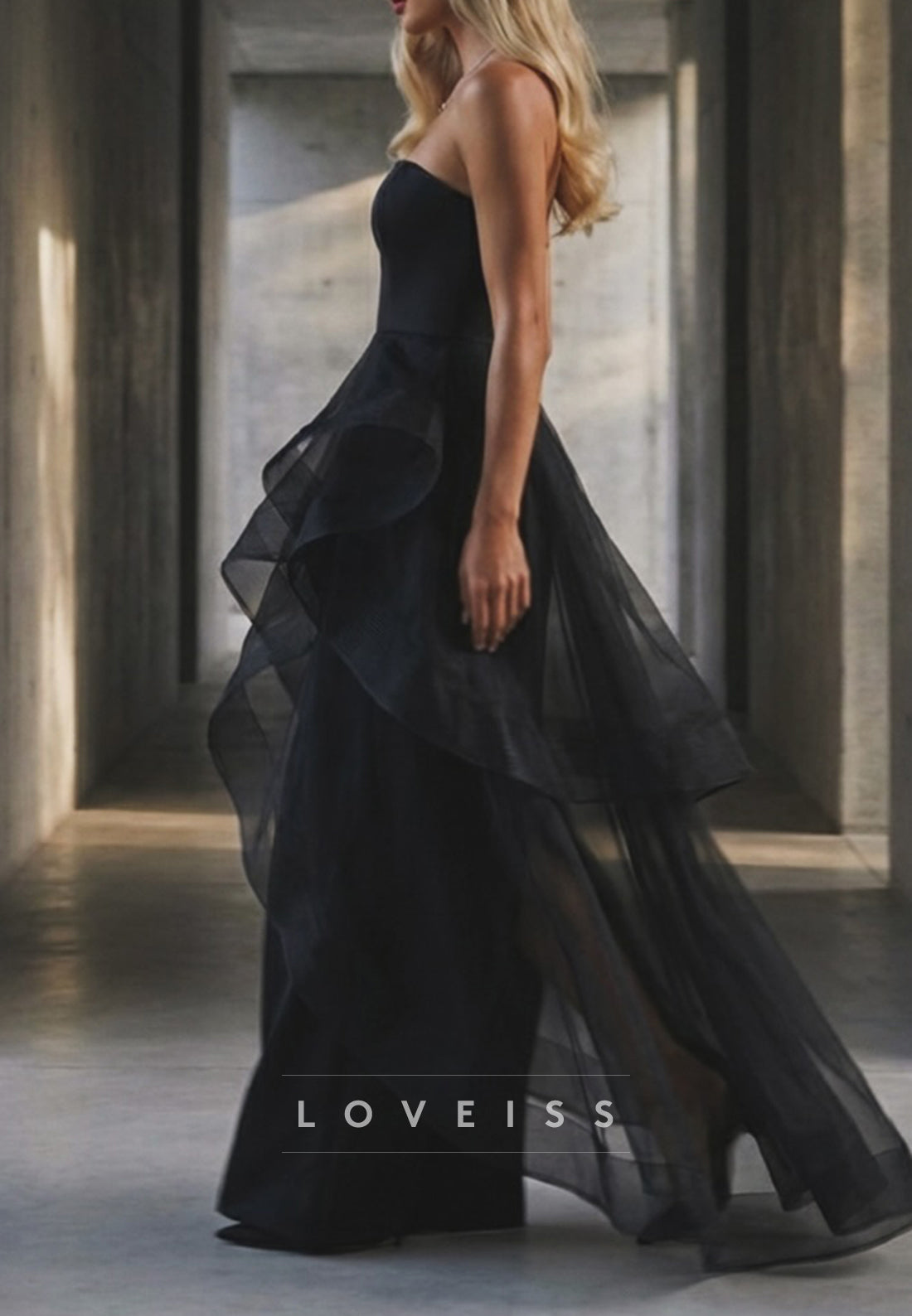 Strapless Tiered Tulle Overlay Evening Gown