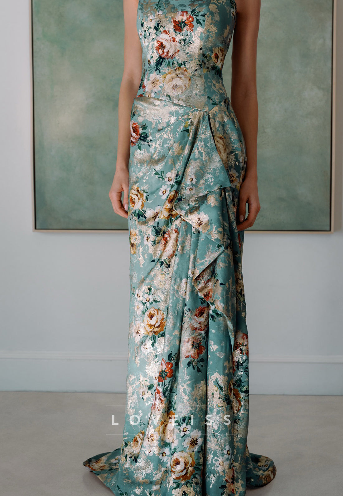 Strapless Floral Metallic Jacquard Column Gown