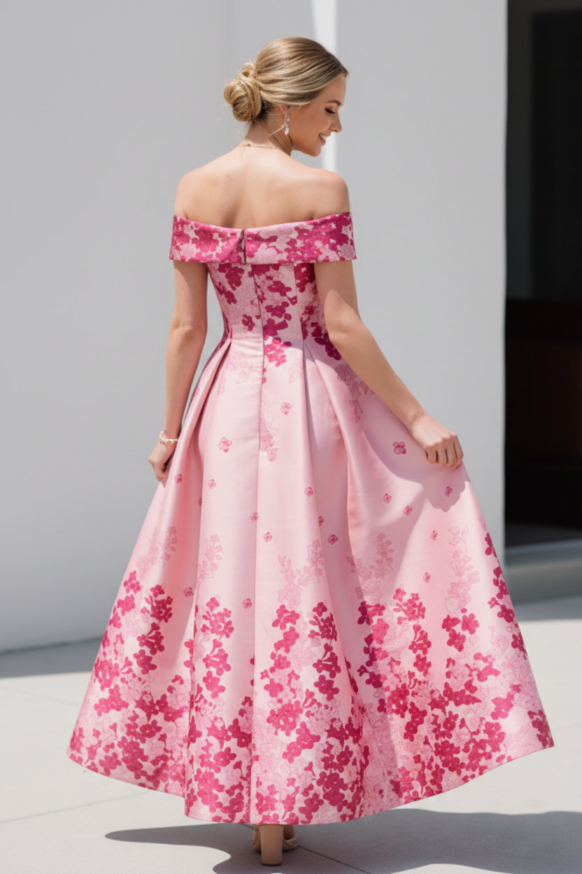 Floral Jacquard Off-the-Shoulder A-Line Dress