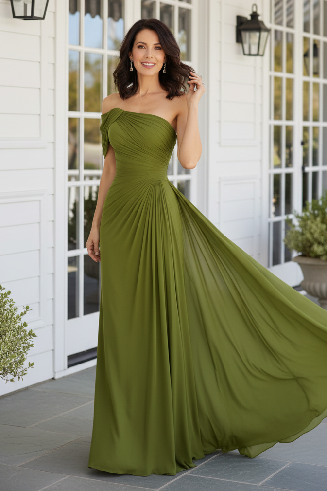 One-Shoulder Pleated Ruched Evening Gown