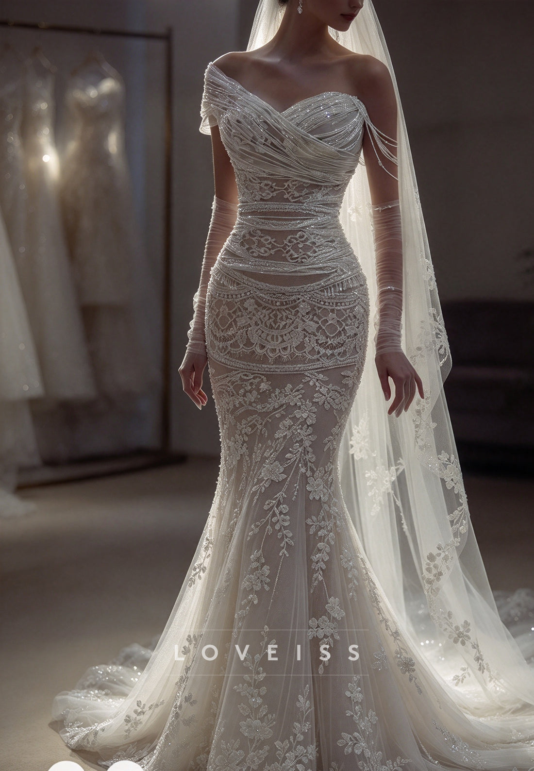 Draped Asymmetric Mermaid Wedding Dress with Lace