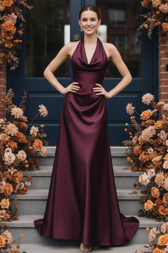 Satin Halter Cowl Neck Evening Dress