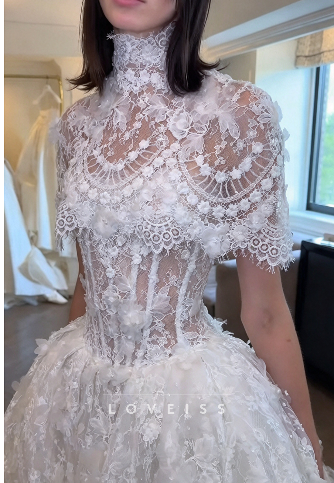 High Neck Lace Ball Gown Wedding Dress with Capelet