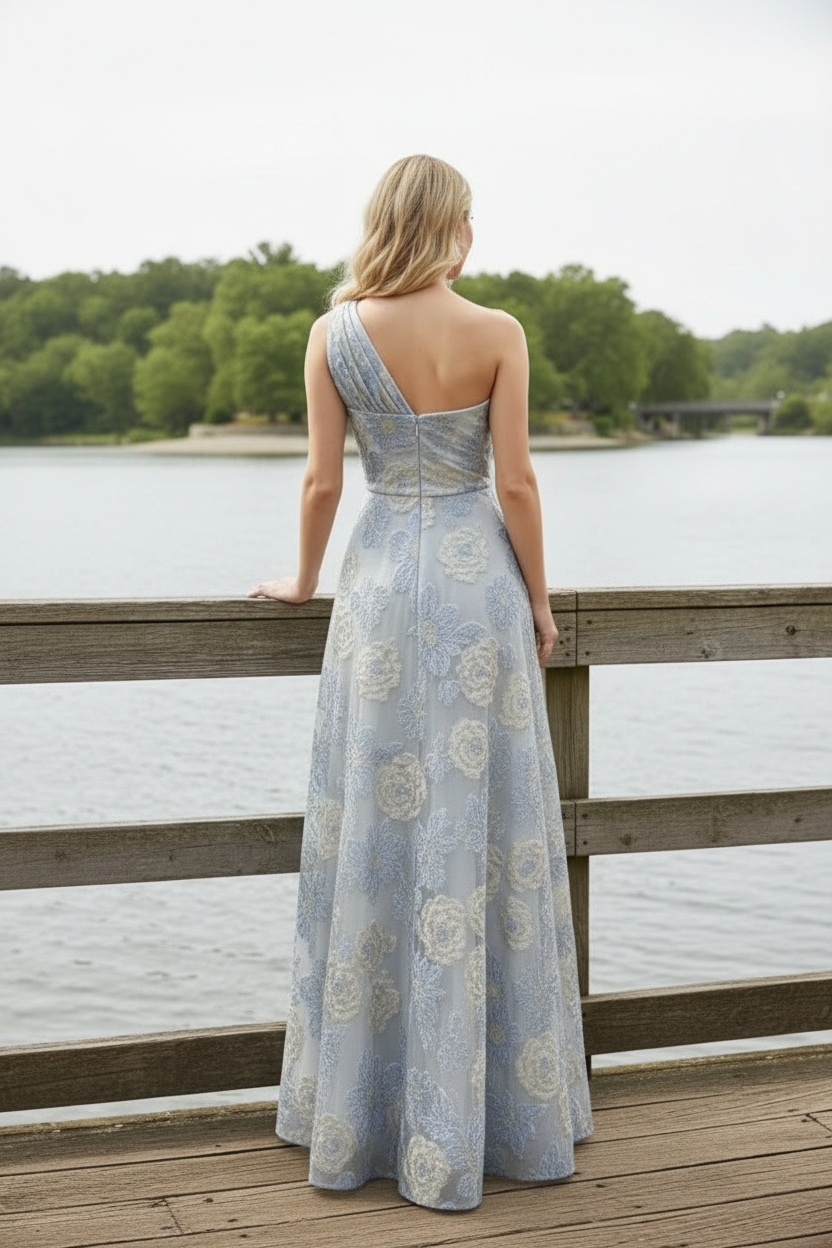 One-Shoulder Floral Jacquard A-Line Gown