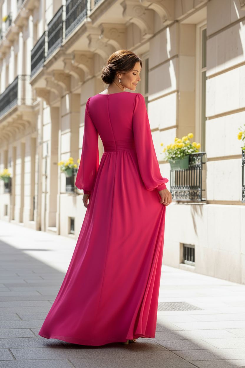 V-Neck Bishop Sleeve Pleated A-Line Evening Gown