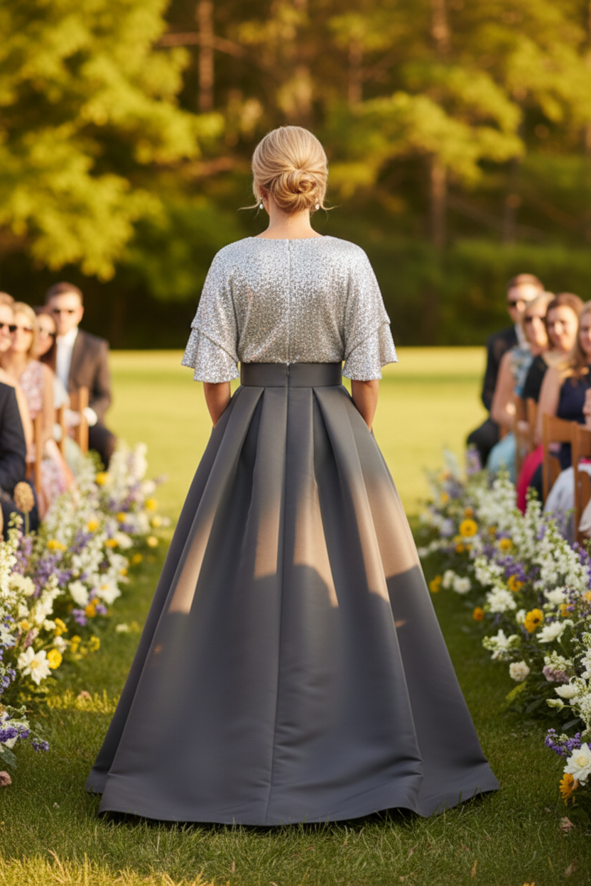 Sequin Flutter Sleeve Pleated Ball Gown with Pockets