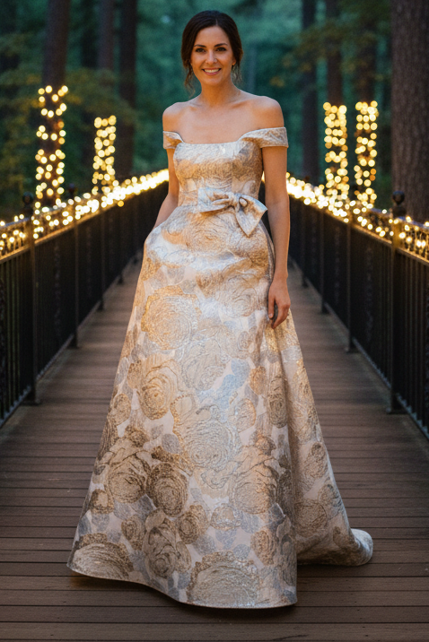 Off-the-Shoulder Metallic Floral Jacquard A-Line Gown