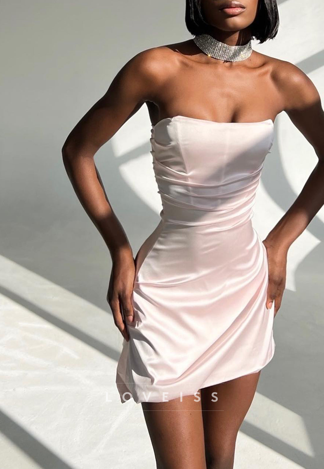 Strapless Ruched Satin Asymmetrical Mini Dress