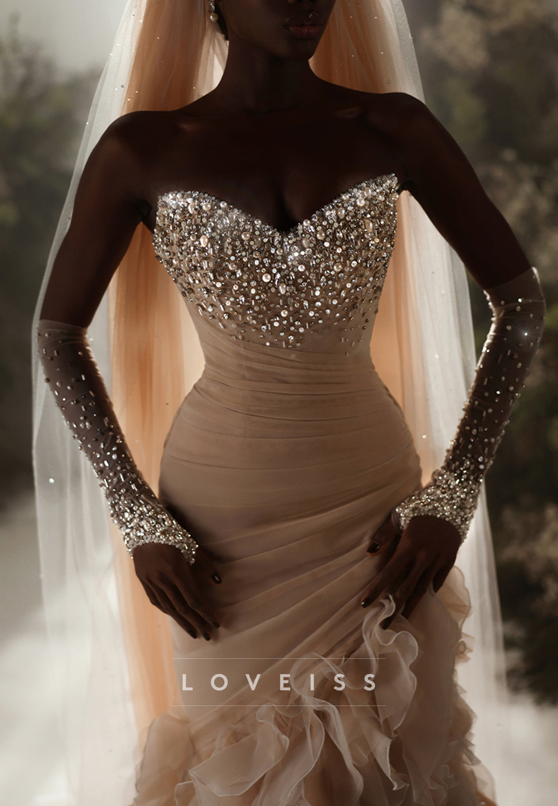 Beaded Sweetheart Mermaid Gown with Ruffled Skirt
