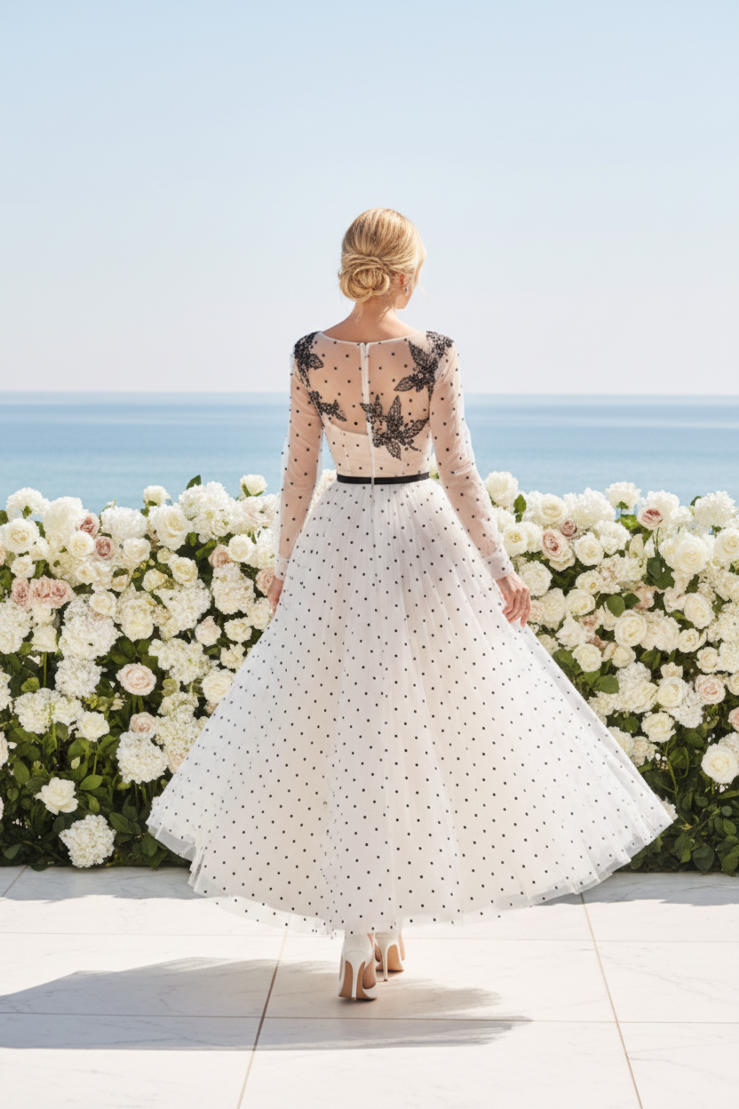 Embroidered Polka Dot Tulle Midi Dress