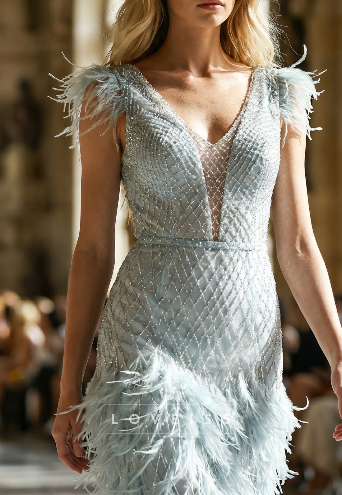 Beaded V-Neck Midi Dress with Feather Trim