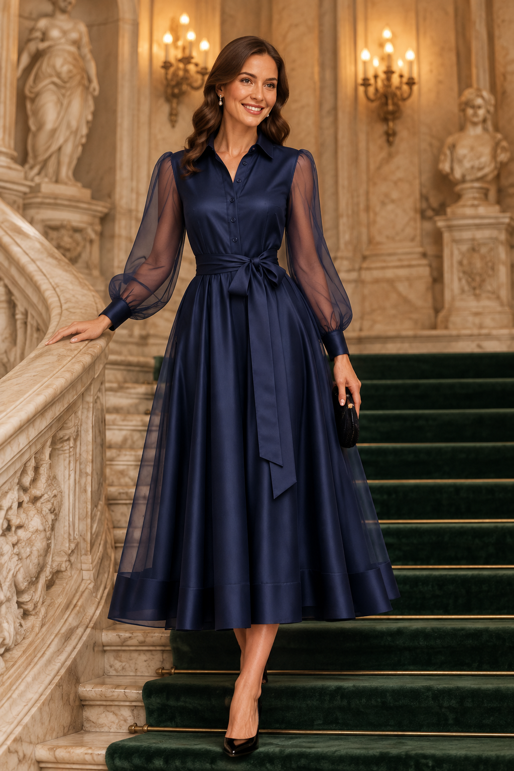 Collared Midi Shirtdress with Sheer Long Sleeves