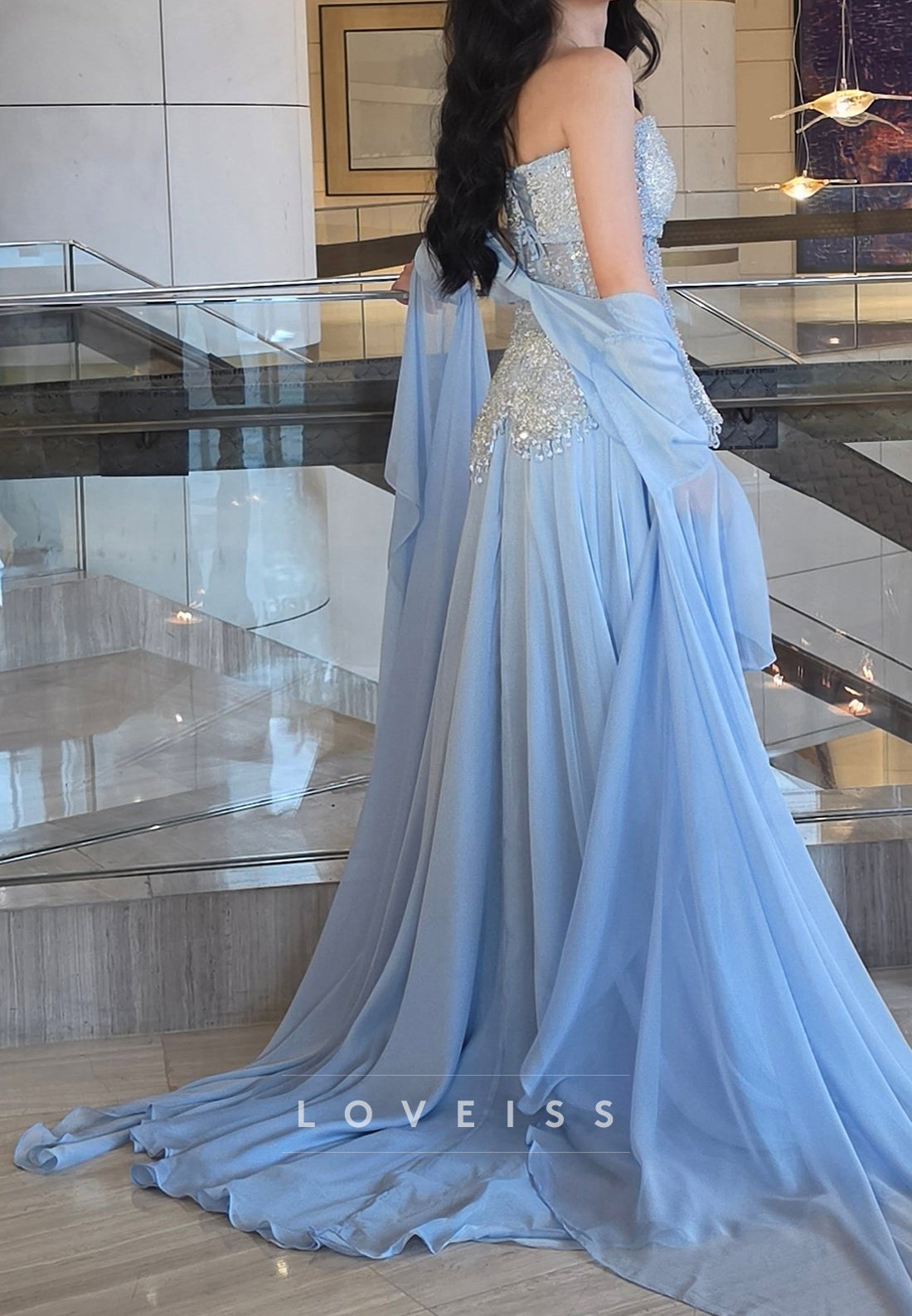 Strapless Beaded Corset Gown with Chiffon Shawl