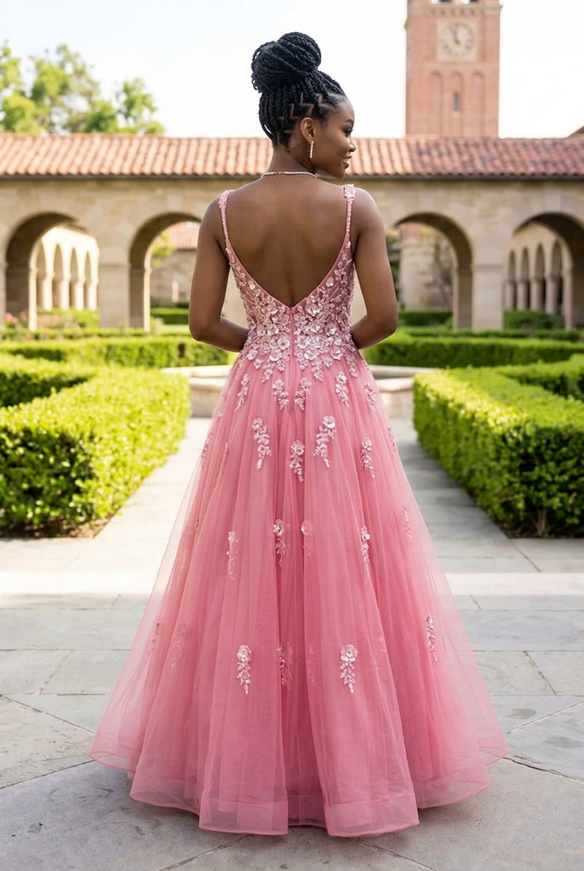 Floral Applique Corset Evening Gown