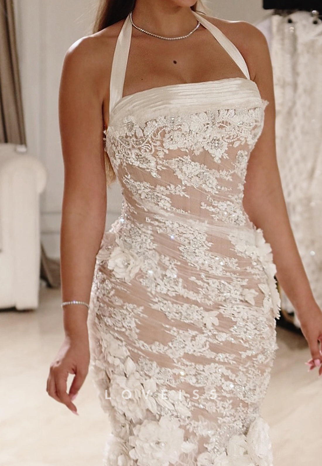 3D Floral Beaded Lace Halter Mermaid Wedding Dress