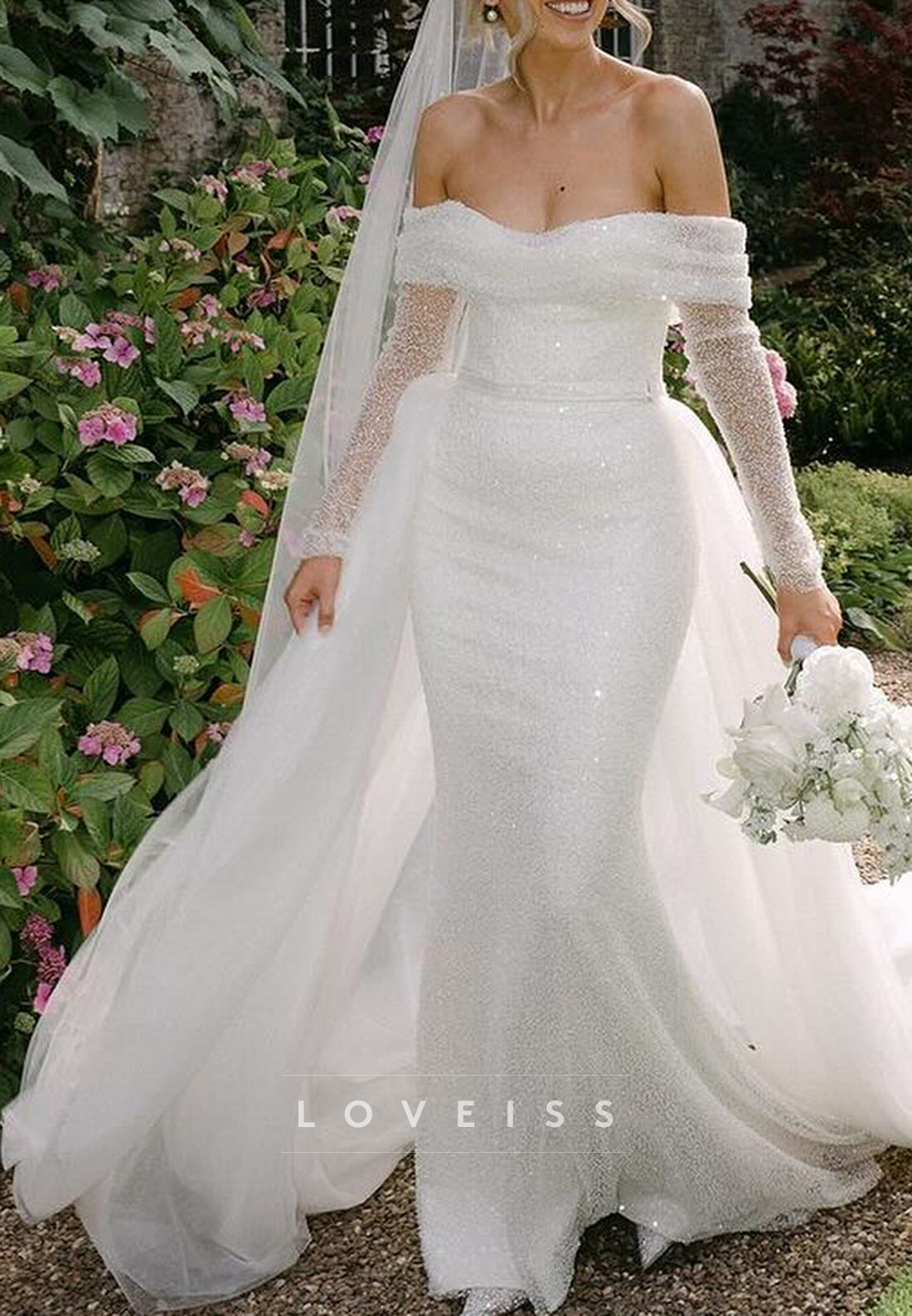 Sparkly Off-the-Shoulder Long Sleeve Wedding Dress