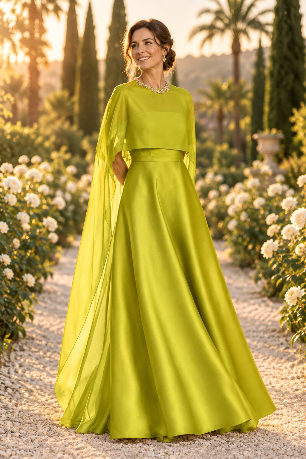 A-Line Evening Gown with Sheer Cape and Beaded Neck
