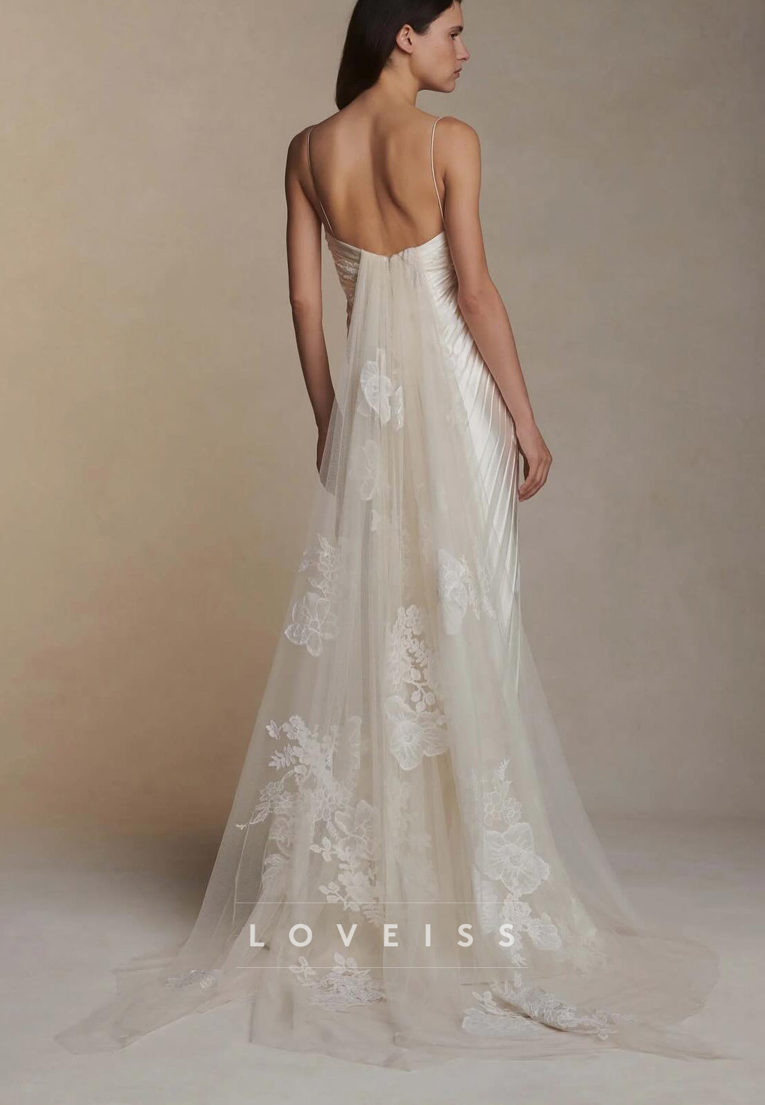 Pleated Satin Slip Wedding Dress with Lace Appliques