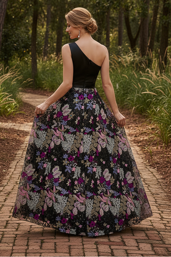 One-Shoulder Floral Sequin A-Line Evening Gown