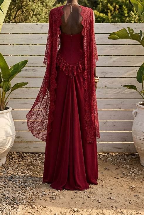 Velvet Corset Cape Gown with Lace Overlay