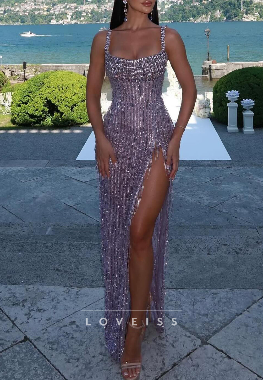 Beaded Fringe High Slit Formal Gown