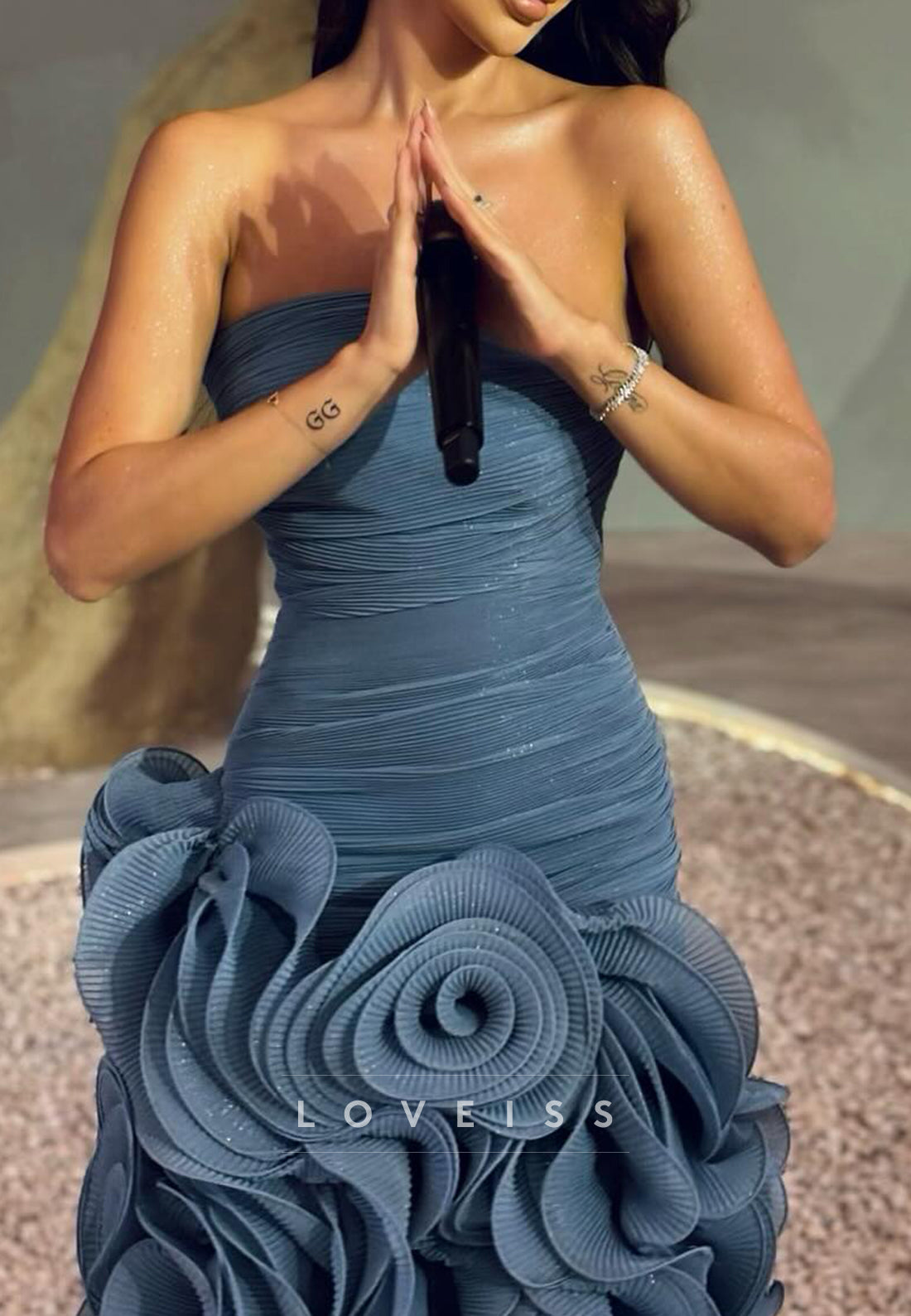 Strapless Ruched Mermaid Gown with Sculptural Ruffles