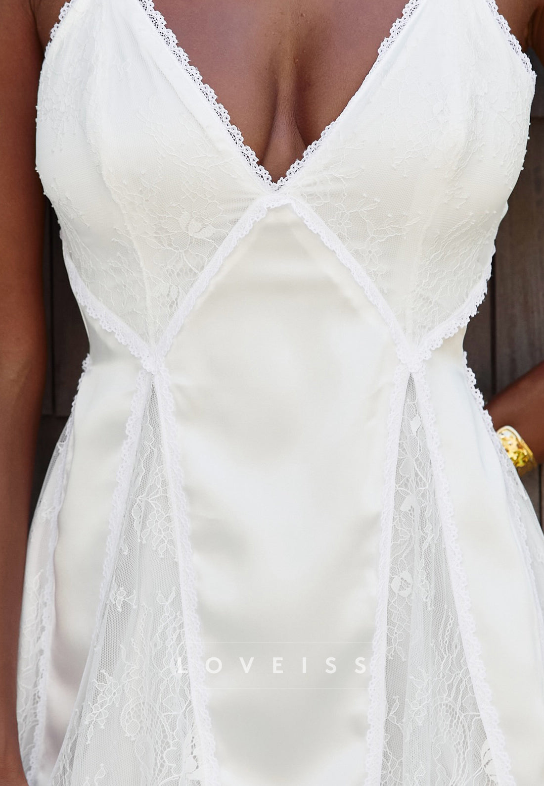 Satin & Lace V-Neck Babydoll Dress with Eyelash Hem
