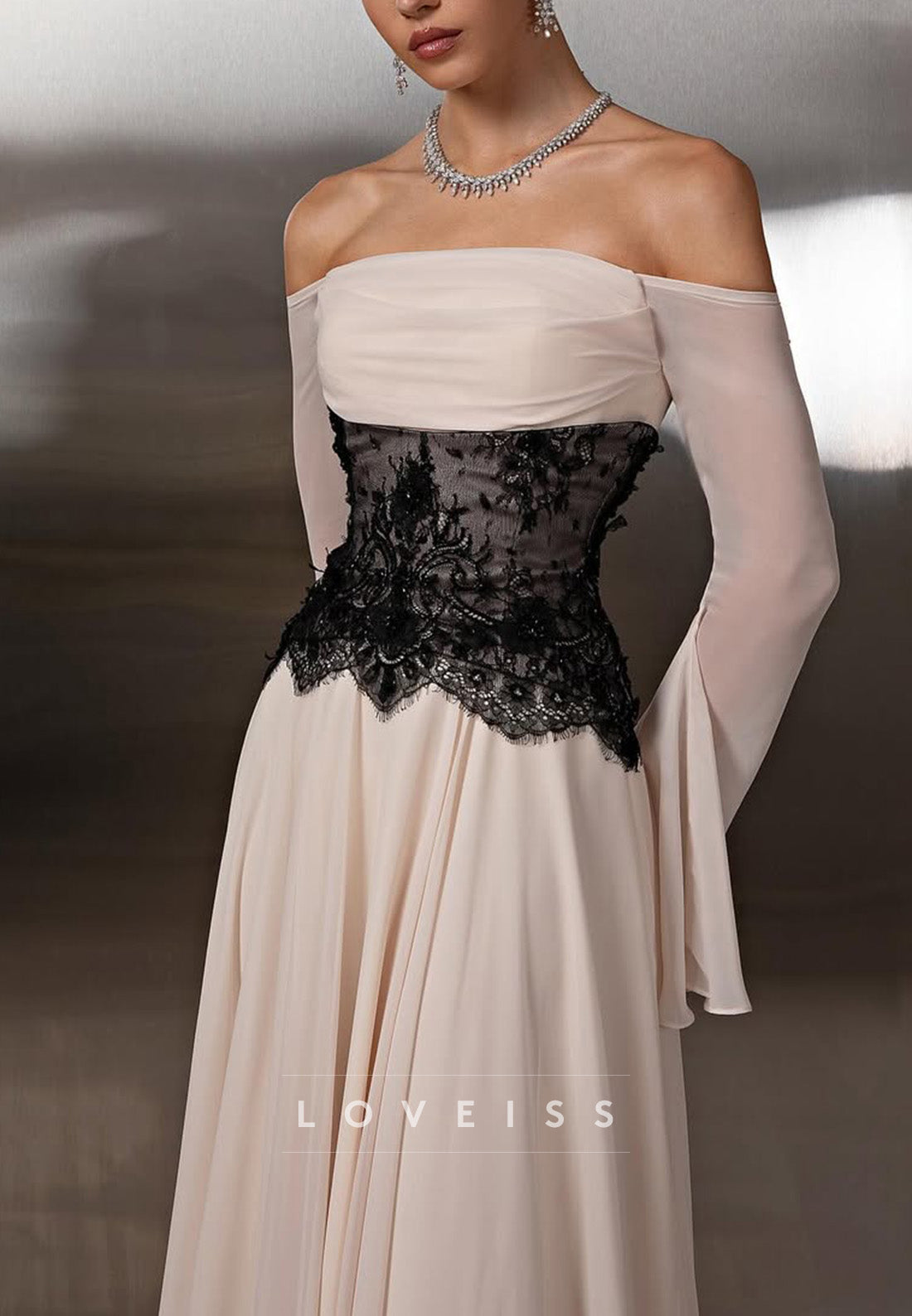 Off-the-Shoulder Lace Corset Long Sleeve Gown