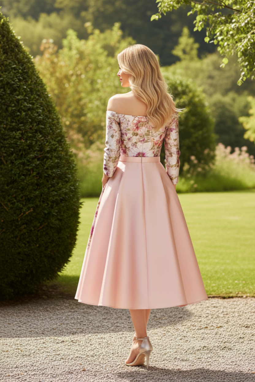 Off-The-Shoulder Floral Satin A-Line Midi Dress